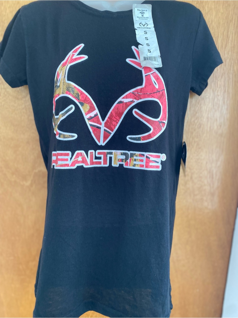 Realtree Black Tee with Red Camo Logo